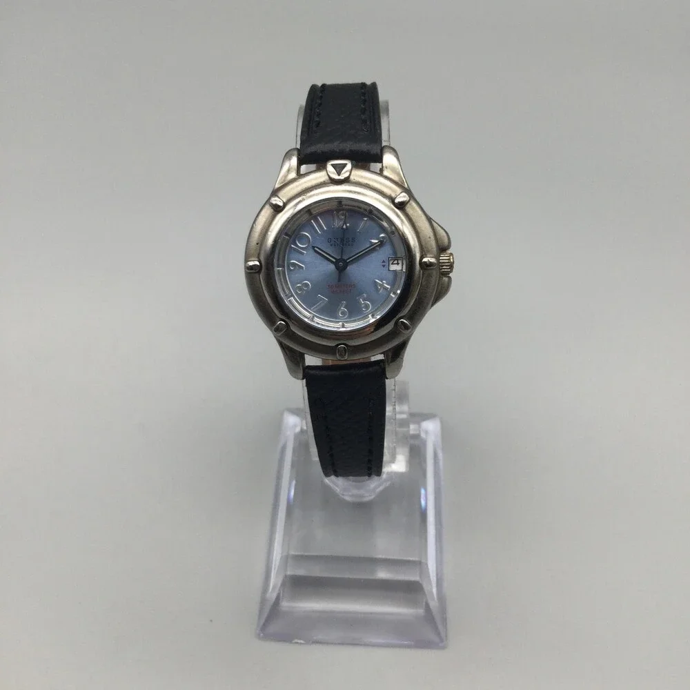 Guess Waterpro Womens Watch 28mm Blue Dial Black Leather 50M New Battery